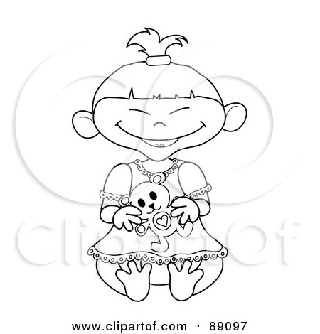 Royalty-Free (RF) Clipart Illustration of an Outlined Asian Baby Girl Holding A Teddy Bear by Pams Clipart