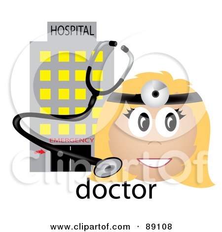 Royalty-Free (RF) Clipart Illustration of a Female Caucasian Doctor With A Stethoscope And Hospital by Pams Clipart