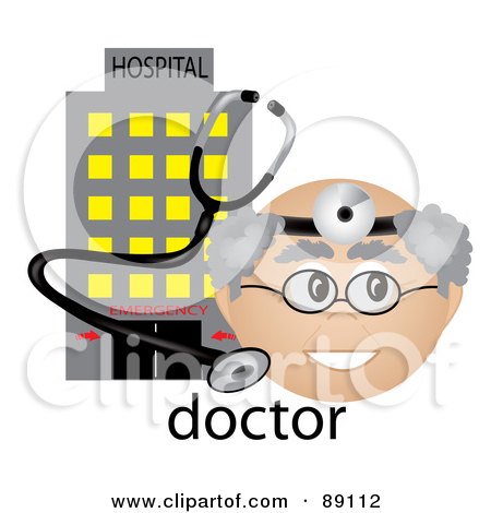 Royalty-Free (RF) Clipart Illustration of a Male Caucasian Doctor With A Stethoscope And Hospital by Pams Clipart