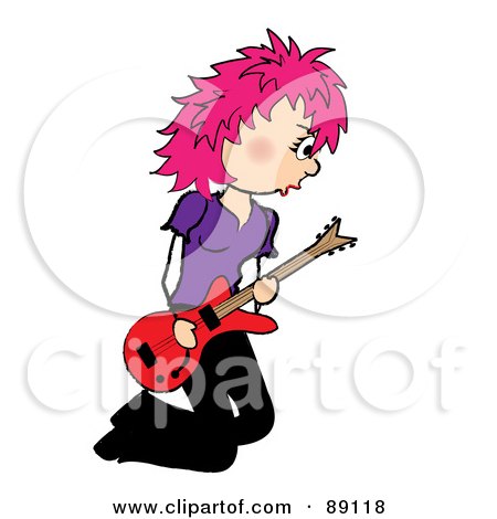 Royalty-Free (RF) Clipart Illustration of a Kneeling Pink Haired Female Guitarist by Pams Clipart