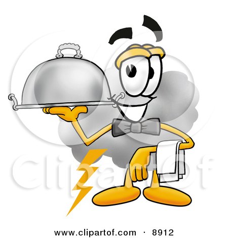 Clipart Picture of a Cloud Mascot Cartoon Character Dressed as a Waiter and Holding a Serving Platter by Mascot Junction