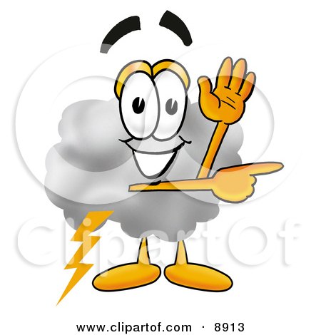 Clipart Picture of a Cloud Mascot Cartoon Character Waving and Pointing by Mascot Junction