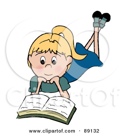 Royalty-Free (RF) Clipart Illustration of a Caucasian Girl Laying On Her Belly And Reading A Book by Pams Clipart