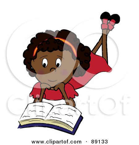 Royalty-Free (RF) Clipart Illustration of an African Girl Laying On Her Belly And Reading A Book by Pams Clipart