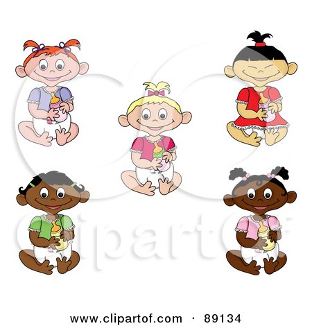 Royalty-Free (RF) Clipart Illustration of a Digital Collage Of Asian, Caucasian, Black, And Indian Baby Girls Holding Bottles by Pams Clipart