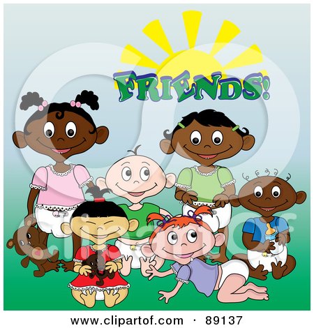 Royalty-Free (RF) Clipart Illustration of a Group Of Black, White, Indian And Asian Baby Friends Under The Word And Sun by Pams Clipart