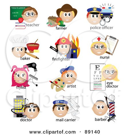 Royalty-Free (RF) Clipart Illustration of a Digital Collage Of Teacher, Farmer, Police Officer, Baker, Firefighter, Nurse, Stylist, Artist, Eye Doctor, Doctor, Mail Carrier And Barber Occupation Icons With Text by Pams Clipart