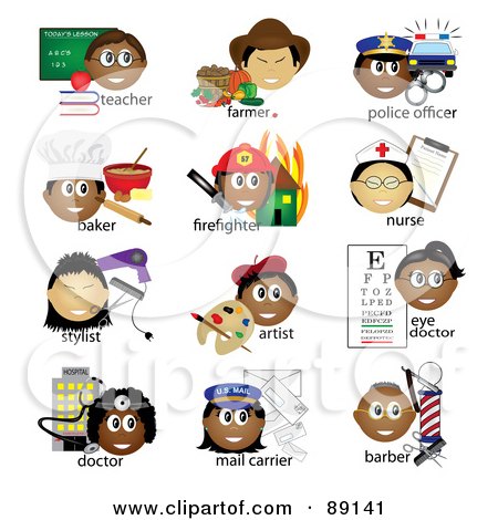 Royalty-Free (RF) Clipart Illustration of a Digital Collage Of Teacher, Farmer, Police Officer, Baker, Firefighter, Nurse, Stylist, Artist, Eye Doctor, Doctor, Mail Carrier And Barber Occupational Icons With Text by Pams Clipart