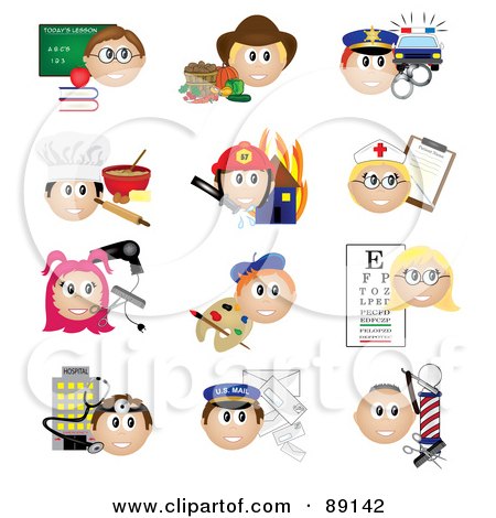Royalty-Free (RF) Clipart Illustration of a Digital Collage Of Teacher, Farmer, Police Officer, Baker, Firefighter, Nurse, Stylist, Artist, Eye Doctor, Doctor, Mail Carrier And Barber Occupation Icons by Pams Clipart