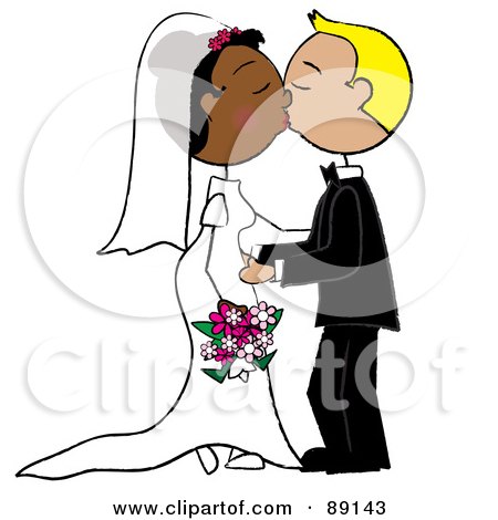Royalty-Free (RF) Clipart Illustration of a Black And Caucasian Wedding Couple Smooching by Pams Clipart