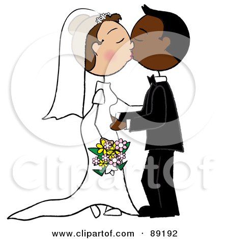 Royalty-Free (RF) Clipart Illustration of a Caucasian And African Wedding Couple Smooching by Pams Clipart