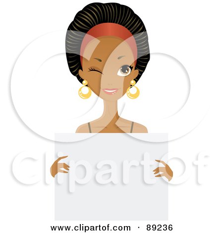 Royalty-Free (RF) Clipart Illustration of a Gorgeous Black Woman Winking And Holding A Blank White Sign by Melisende Vector