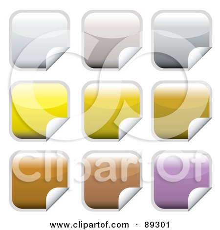 Royalty-Free (RF) Clipart Illustration of a Digital Collage Of Square Shiny Gray, Yellow, Brown And Purple Peeling Stickers by michaeltravers