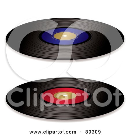Royalty-Free (RF) Clipart Illustration of a Digital Collage Of Black Vinyl Records With Red And Blue Blank Labels by michaeltravers