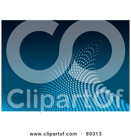 Royalty-Free (RF) Clipart Illustration of a Fading Curve Of Blue Halftone Dots Over Blue by michaeltravers