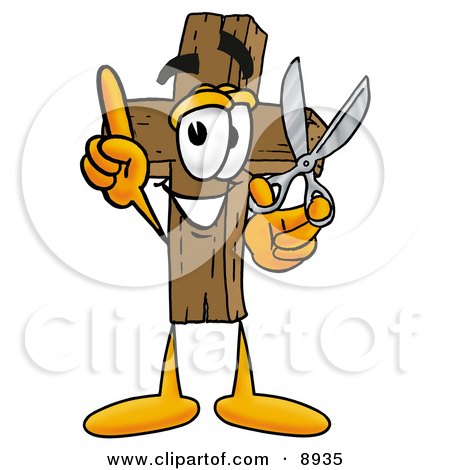 Clipart Picture of a Wooden Cross Mascot Cartoon Character Holding a Pair of Scissors by Mascot Junction
