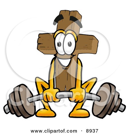 Clipart Picture of a Wooden Cross Mascot Cartoon Character Lifting a Heavy Barbell by Mascot Junction