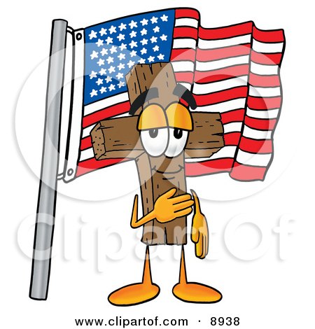 Clipart Picture of a Wooden Cross Mascot Cartoon Character Pledging Allegiance to an American Flag by Mascot Junction