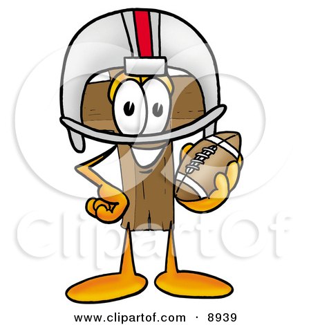 Clipart Picture of a Wooden Cross Mascot Cartoon Character in a Helmet, Holding a Football by Mascot Junction