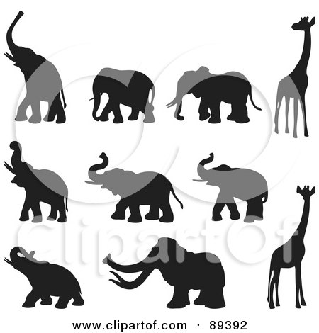 Royalty-Free (RF) Clipart Illustration of a Digital Collage Of Elephant, Mammoth And Giraffe Silhouettes by Frisko