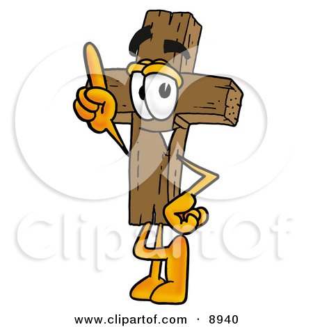 Clipart Picture of a Wooden Cross Mascot Cartoon Character Pointing Upwards by Mascot Junction
