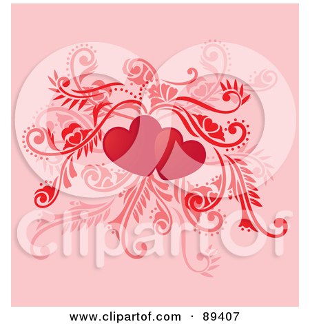 Royalty-Free (RF) Clipart Illustration of Two Red Hearts With Leafy Vines On Pink by Cherie Reve