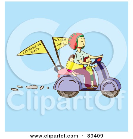 Royalty-Free (RF) Clipart Illustration of an Asian Woman Driving A Scooter With Children On Board And Watch Out Flags by Cherie Reve