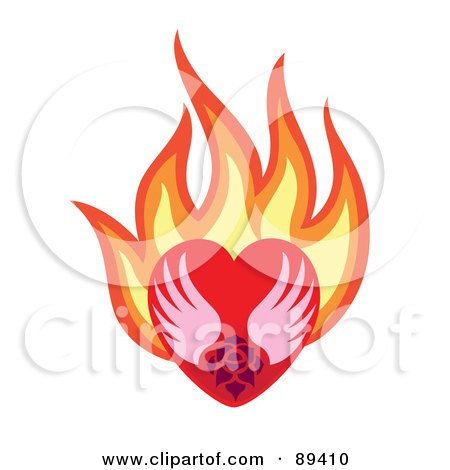 Royalty-Free (RF) Clipart Illustration of a Rose And Wings In A Flaming Red Heart by Cherie Reve