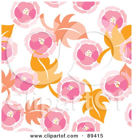 Royalty-Free (RF) Clipart Illustration of a Seamless Pattern Of Pink Flowers And Orange Leaves On White by Cherie Reve