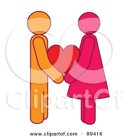 Royalty-Free (RF) Clipart Illustration of a Pink And Orange Couple Holding A Red Heart by Cherie Reve
