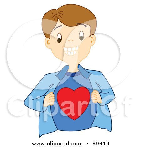 Royalty-Free (RF) Clipart Illustration of a Boy Opening His Shirt To Reveal A Red Heart by Cherie Reve