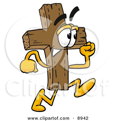 Clipart Picture of a Wooden Cross Mascot Cartoon Character Running by Mascot Junction