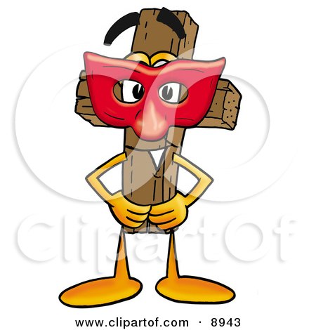 Clipart Picture of a Wooden Cross Mascot Cartoon Character Wearing a Red Mask Over His Face by Mascot Junction