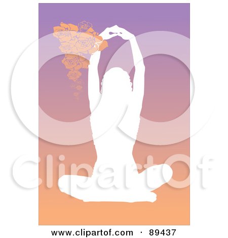 Royalty-Free (RF) Clipart Illustration of a White Silhouetted Yoga Woman Sitting And Holding Her Arms Up, With Flowers by mayawizard101