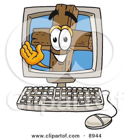Clipart Picture of a Wooden Cross Mascot Cartoon Character Waving From Inside a Computer Screen by Mascot Junction