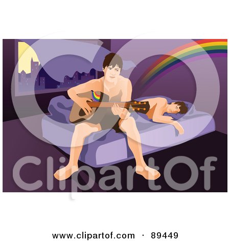 Royalty-Free (RF) Clipart Illustration of a Romantic Man Waking Up His Partner With A Song And A Guitar by mayawizard101