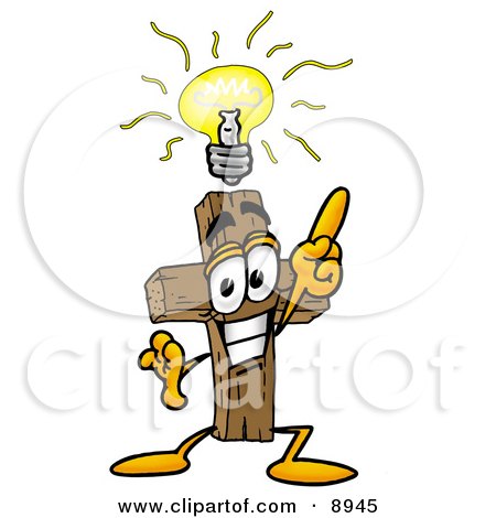Clipart Picture of a Wooden Cross Mascot Cartoon Character With a Bright Idea by Mascot Junction