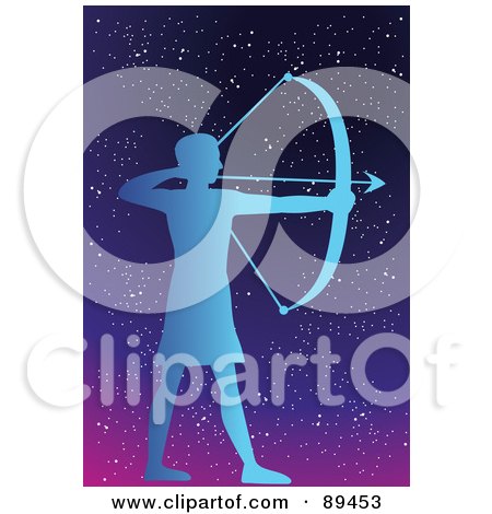 Royalty-Free (RF) Clipart Illustration of a Blue Sagittarius Archer Horoscope Image Over A Starry Sky by mayawizard101