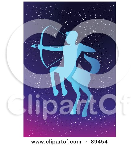 Royalty-Free (RF) Clipart Illustration of a Blue Sagittarius Centaur Horoscope Image Over A Starry Sky by mayawizard101