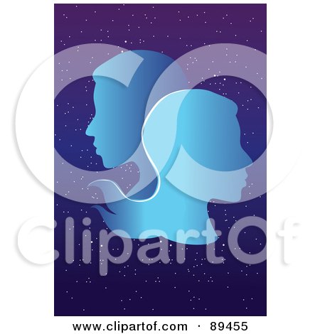 Royalty-Free (RF) Clipart Illustration of a Blue Gemini Twin Horoscope Image Over A Starry Sky by mayawizard101