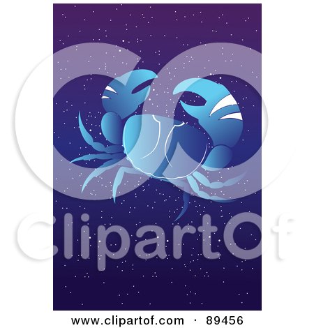 Royalty-Free (RF) Clipart Illustration of a Blue Cancer Crab Horoscope Image Over A Starry Sky by mayawizard101