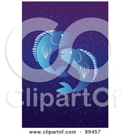 Royalty-Free (RF) Clipart Illustration of a Blue Pisces Fish Horoscope Image Over A Starry Sky by mayawizard101