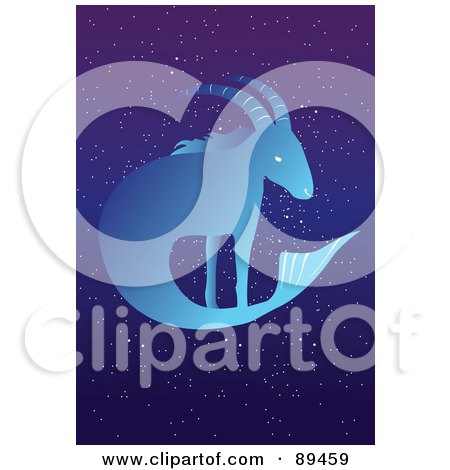 Royalty-Free (RF) Clipart Illustration of a Blue Capricorn Sea Goat Horoscope Image Over A Starry Sky by mayawizard101