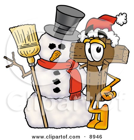 Clipart Picture of a Wooden Cross Mascot Cartoon Character With a Snowman on Christmas by Mascot Junction