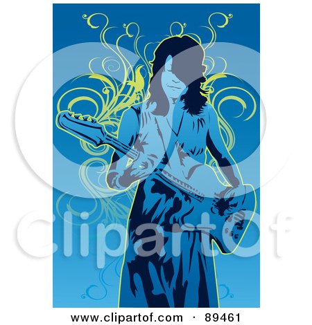 Royalty-Free (RF) Clipart Illustration of a Female Guitarist In Blue, Over Yellow Vines by mayawizard101