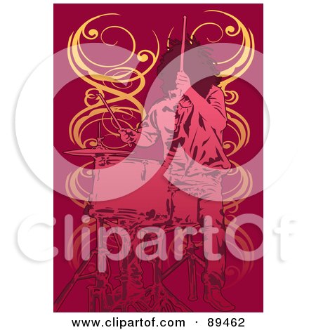 Royalty-Free (RF) Clipart Illustration of a Pink Drummer Over Red With Yellow Vines by mayawizard101