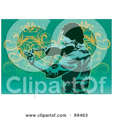 Royalty-Free (RF) Clipart Illustration of a Green Male Violinist Over Green With Orange Vines by mayawizard101