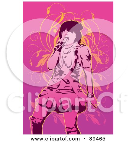 Royalty-Free (RF) Clipart Illustration of a Pink Female Singer With A Microphone, Over Pink With Orange Vines by mayawizard101