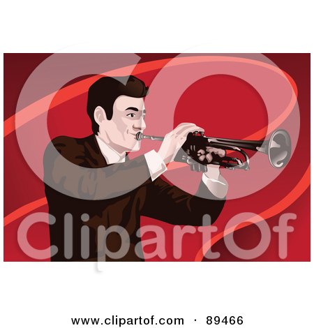 Royalty-Free (RF) Clipart Illustration of a Man Playing A Trumpet, Over Red Waves by mayawizard101