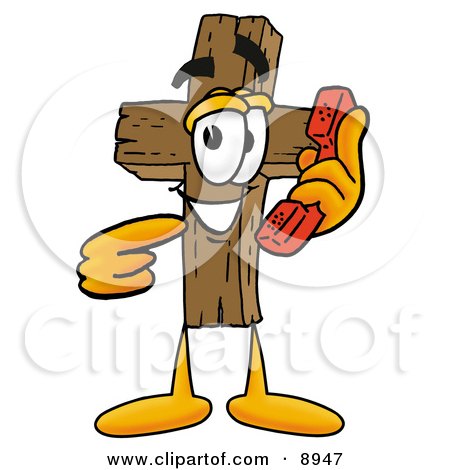 Clipart Picture of a Wooden Cross Mascot Cartoon Character Holding a Telephone by Mascot Junction